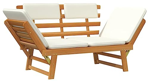 Makastle Gartenbank Beide Seiten Sind Verstellbar Tagesbett Sonnenliege Gartensofa mit Auflagen & klappbaren Armlehne, Balkonbank aus Holz, Sitzbank für Garten, Balkon, 190 cm Massivholz Akazie