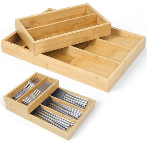 Dreamhigh® Besteckkasten für Schubladen aus Bambus, Platzsparender Schubladen Organizer Küche mit 6 Fächern, schubladeneinsatz küche Natur-30 x 21 x 6,8 cm