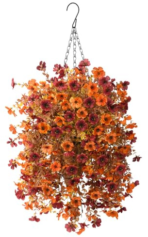 Homsunny Artificial Faux Hanging Flowers Plants Basket for Fall Outdoor Decoration,Fake Silk Orange Mums planters UV Resistant Look Real for Home Porch Patio Yard Outside Summer Decor (Brown Orange)
