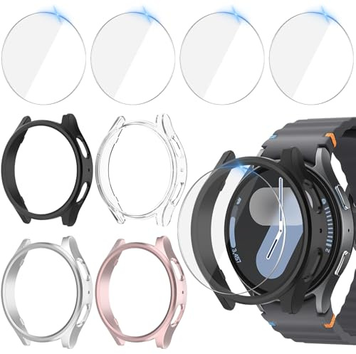 Jvchengxi 4+4Pezzi Cover 40mm per Samsung Galaxy Watch 7 Pellicola Protettiva, AntiGraffio PC Custodia + HD Vetro Temperato Protezione Schermo Protezioni Case (Nero+Argento+OroRosa+Chiaro)