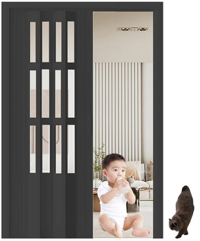 Metal Accordion Interior Door with Acrylic Glass, Home Partition Folding Doors for Living Room Bedrooms, Multi Fold Closet Door 203 243 Cm High(Black,24x80in(61x203cm))