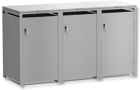 Metzler Mülltonnenbox 3er 240L in Graualuminium, Mülltonnenverkleidung für 3 Tonnen abschließbar und mit Automatikdeckel, pulverbeschichteter & witterungsbeständiger Stahl in RAL9007, Müllbox rostfrei