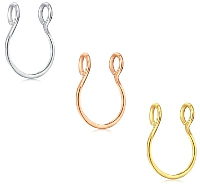 D.Bella 3Pcs Fake Nase Ringe Chirurgenstahl Faux Lip Septum Nase Ringe Hoop Set Clip auf Piercing Körperschmuck