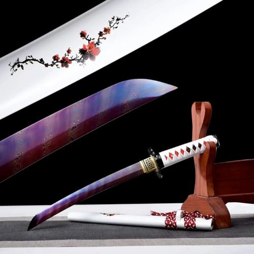 55cm Handgefertigtes Samurai Schwert,Gegrillte blaue GemusterterStahl Klinge mit gedrehtem Muster,Naturholz bemalte Saya und Eisen Tsuba,Wakizashi Katana für Dekor,Geschenke,Sammeln,Cosplay,Ausstellen
