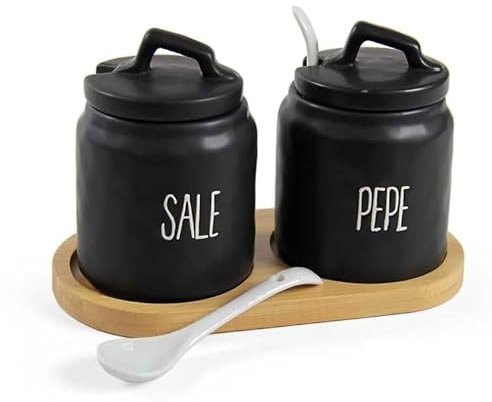 Utilissimi EDITACASA - set contenitorio in ceramica con coperchio, cucchiaio dosatore e vassio in legno portaspezie - organizer cucina - misure 20 * 10 (nero)
