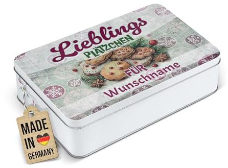 Print Royal PR Geschenkdose mit Name personalisiert - Lieblingsplätzchen für - Blechdose bedrucken, Aufbewahrungsdose, Keksdose - Weihnachtsgeschenke | Rechteckig weiß, 450 ml