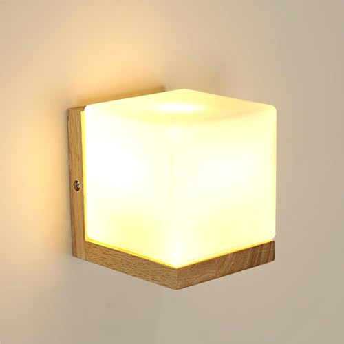 Toolight Holz Wandleuchte Innen, Wandlampe Innen mit Glas Lampenschirm, Rechteck Wandbeleuchtung mit E27 Fassung, Vintage Wandlampe Holz für Wohnzimmer Schlafzimmer Flur Treppen(Ohne Glühbirne)