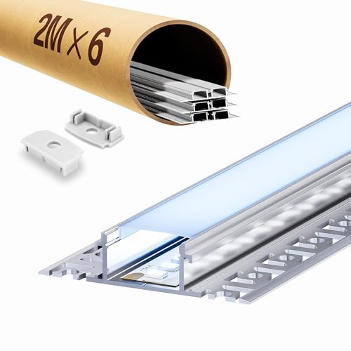 LASLUX 6x LED Fliesenprofil 2M, LED Trockenbauprofil 2M Aluminium Profil Schiene Unterputz Kanal und Diffusor Aufputz für Indirekte Beleuchtung Decke