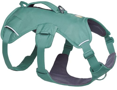 Ruffwear Web Master Hundegeschirr, Y-Front-Hundegeschirr mit Griff und verbesserter Schnalle, verstellbar und leicht für Spaziergänge und Wanderungen, fluchtsicher, kein Ziehen, River Rock Green, S | Drei-Riemen-Stil verhindert das Herausziehen, seitliche Halsschnalle, Griff zum Anheben und Unterstützen