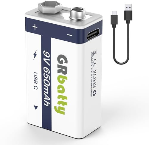 GRbatty USB rechargeable 9V lithium battery, 650mAh large capacity rechargeable 9V square battery, with fast charging cable (1 pack)