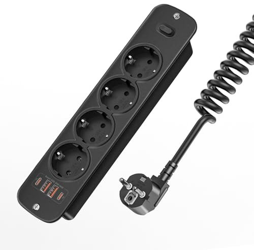 Einbau Steckdosenleiste mit USB C PD20W, versenkbare Einbausteckdose 4-Fach& 4 USB, Tischsteckdose mit 1,5m Spiralkabel, für Küche, Büro, Gaming-Tisch & höhenverstellbaren Schreibtisch, Schwarz