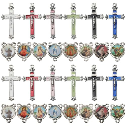 SUNNYCLUE Rosenkranz Anhänger in der Mitte, antikes Silber, Vintage, Osterkreuz, Kruzifix, Rosenkranz-Anhänger für Schmuckherstellung, Bastelbedarf, Halskette, Armband, 1 Box, 48 Stück