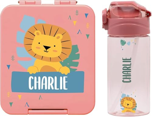 Stellasticker - Set con borraccia personalizzabile per bambini e porta pranzo/merenda personalizzato per bambini in plastica - Borraccia con cannuccia capacità 450 ml - Senza BPA (Rosa antico)