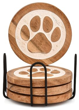Kimona Coaster Set Dog Paw Print Coasters with Iron Holder for Cup Home Decor Housewarming Gifts (Set of 4)