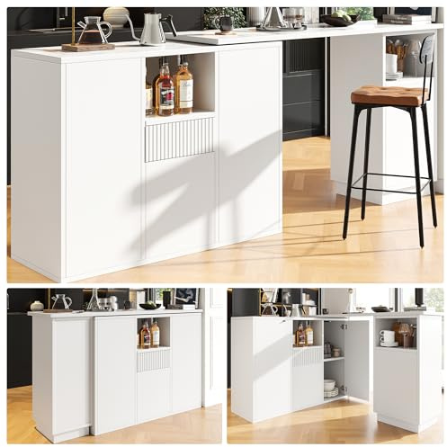 ModernLuxe 360° Swivelling Bar Table, Breakfast Bar with Open Storage Space and Marble Worktop, Modern and Sleek Design, Innovative Kitchen Islands, Suitable for Dining Room, White, 198.5x30x75cm