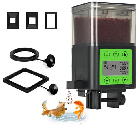 Lychee Dispensador automático de alimentos para peces recargable por USB 320 ml de gran capacidad con pantalla LCD resistente a la humedad con temporizador eléctrico
