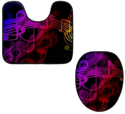 VAPOKF Lot de 2 tapis contour WC en forme de U et housse pour abattant de toilettes, en flanelle, doux et antidérapant, motif notes de musique colorées