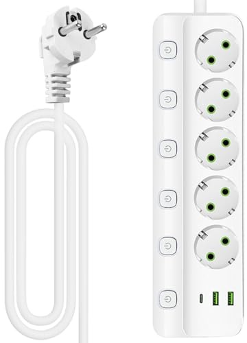 6-vägs grenuttag, USB-grenuttag med strömbrytare, grenuttag, multikontakt med 4 USB och 1 typ C, väggmonterad, 2 500 W, överspänningsskydd för hem och kontor (2 m)