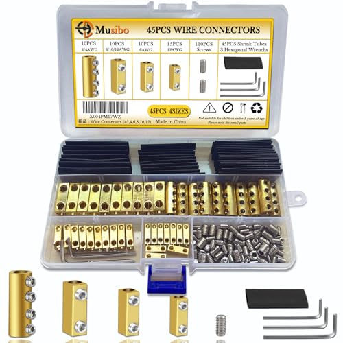 45pcs 2, 4, 6, 8, 10, 12AWG Wire Connectors, Quick Wiring Connection Terminal, Circuit Connector Wire Connector with Screws, Heat Shrink Tubes & Wrench, for household appliances and the power industry