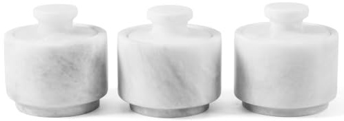 EARTHENTONES Marble Salt Cellar Set of 3, White Handmade Stone Salt or Pepper Sugar Spice Seasoning Bowls, Stylish Kitchen Counter Containers for Table & Countertop