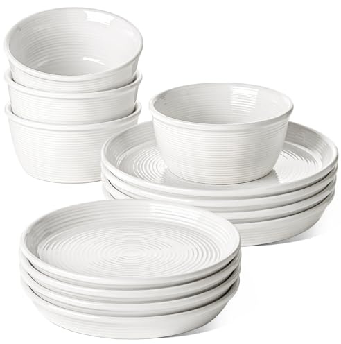 LE TAUCI Ceramic Plates and Bowls Set for 4, 12-Piece Ceramic Dinnerware Set, Farmhouse Dishes Set, Microwave & Dishwasher Safe, Stackable, 10 Dinner+8 Salad Plates+6 Bowls, White
