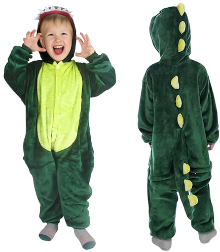 AYBUY Dino Kostüm Kinder Overall, Dinosaurier Kostüm Kinder Jumpsuit | Karneval Kostüm Kinder Dino Faschingskostüm für Halloween Cosplay Partys Geburtstagsgeschenk Dino Kostüm Onesie Kinder