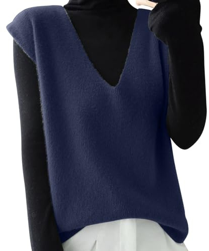 Generisch Pullunder mit tiefem V-Ausschnitt, locker sitzende ärmellose Pullover-Strickjacke für die Freizeit Damen Übergangsjacke Mit (Navy, L)
