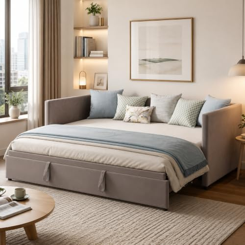 DAHUEN Schlafsofa 90/180x200 cm, 2 Sitzer Sofa mit Schlaffunktion, Bett Ausziehbar zum Doppelbett, Tagesbett Ausziehbar, Ausklappbares Sofa, Ausziehbett, schlafcouch, Samt, Ohne Matratze (Grau)