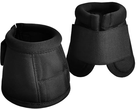 Gallopoff hästklockor häst set om 2 – Stötdämpande och skrubbfri, bollskydd för hästar av neopren, mjuka skyddsklockor med kardborreband för träning och vide, svart, M