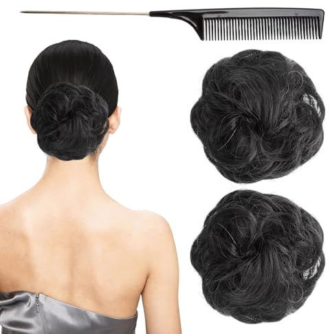 XRVRILE 2 Voluminöst Postisshår med Gummi, Svart Naturligt Effekt Postisshår, Messy Bun för Hästsvans, Håraccessoar för Kvinnor