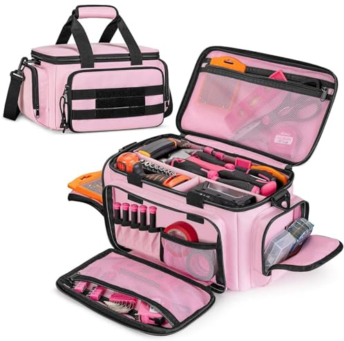 YUEHISY Tool Bag 14-Inch, Large Capacity Thickened Base Tool Organizer Bag, Travel Carry Toolbox with Organized Pockets for Men Dad Gift (Pink)