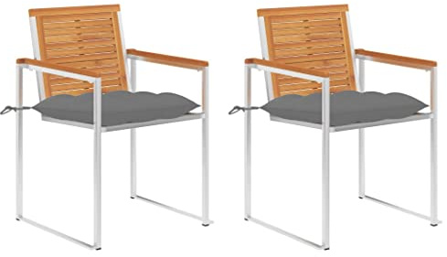 SKTQYQO Gartenstühle 2 Stück mit grauen Kissen aus massivem Akazienholz und Edelstahl 304 für den Außenbereich, Set Stuhl Terrasse mit robuster Struktur und leicht zu reinigen