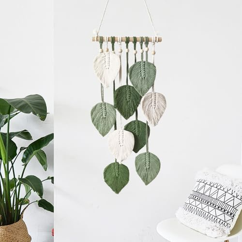 Vauki Makramee Wandbehang Boho Deko, 25 * 60cm Makramee Wandteppich mit Holzperlen und Grün Blätter, Handgemacht Wandteppich Wanddeko für Schlafzimmer Wohnzimmer Kinderzimmer