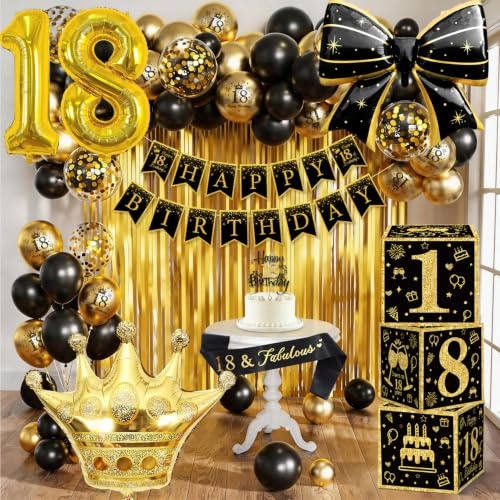 Decoracion 18 Cumpleaños Chico y Chica, Juego de Decoración de Cumpleaños 18 Años en Negro y Dorado con Banderín, Globo Corona / Banda, Cortinas de Flecos Aluminio, Accesorios Para Fiesta de 18 Años