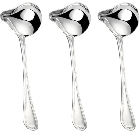 Cucchiaio da salsa, 3 pezzi da 20,5 cm, in acciaio inox, con beccuccio, lavabile in lavastoviglie, per salse, salse, condimenti, salsa al pepe (argento)
