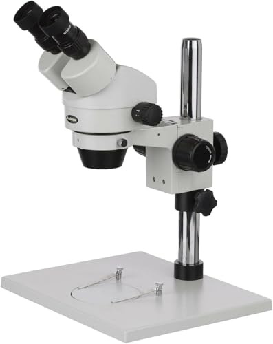 AmScope SM-1B Professional Binocular Stereo Zoom Microscope, WH10x Eyepieces, 7X-45X Magnification, 0.7X-4.5X Zoom Objective, Ambient Lighting, Large Table Pillar Stand