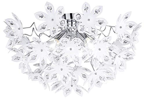 Reality Leuchten Deckenlampe chrom, Acrylblüten weiß mit klaren Steinen, Durchmesser: 55 cm Höhe: 30 cm, 3 x E14 maximal 40W, ohne LM R61903001