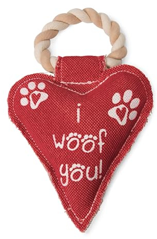 Pavilion Gift Company 45610 Pavilion's Pets-Red Heart Shaped Canvas and Rope Dog Squeaky Toy-I Woof You, Dogs, Medium- Large Breeds
