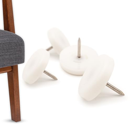 K.D.J. Brand Möbelgleiter aus Kunststoff mit Nagel rund, 4 Stück in weiß, 25 mm Ø, 5 mm dick, Stuhlgleiter mit Nagel, Kunststoffgleiter für Gartenstühle – Made in Germany