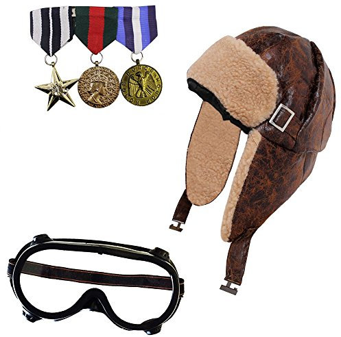 ALT LEDER AUSSEHENDE FLIEGERMÜTZE MIT HELLEN TEDDYFELL INNEN = VON ILOVEFANCYDRESS® =RETROSTYLE FLIEGER MÜTZE AUS KUNSTLEDER MIT ANSTECK MEDAILLEN UND EINER FLIEGER BRILLE