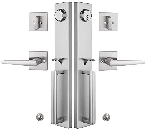 TMC Double Door Handlset for Front Door Brushed Nickel Finish (Keyed Entry Handle and Dummy Hanlset Set),MDHST2016SN-DOUBLE-1