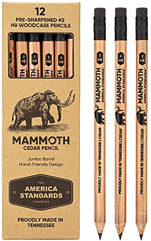 Mammoth Jumbo Pencils - 12 Pack, American-Made Cedar Pencils for Preschoolers, Kids, Carpenters, Handymen, People with Hand Issues, Comfortable Grip, Break-Resistant Graphite Core, Smudge-Free Eraser