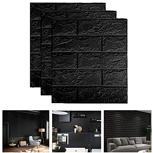 Carta da parati 3D in Mattoni,10 pezzi DIY Carta da Parati Decorativa Autoadesiva Impermeabile,Pannello Parete Decorativo Impermeabile, Wall Sticker Wallpaper per Cucina,Bagno,Salone (nero, 35*38.5cm)