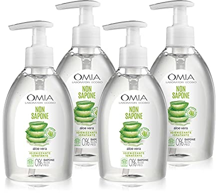 Omia, Eco Bio Seifenfreie Reinigung mit Aloe Vera aus Salento, Flüssige Hand- und Gesichtsseife, Für Feuchtigkeit, Geschmeidigkeit & Erfrischung, 4er Packung, je 300 ml Flaschen - Exklusiv bei Amazon