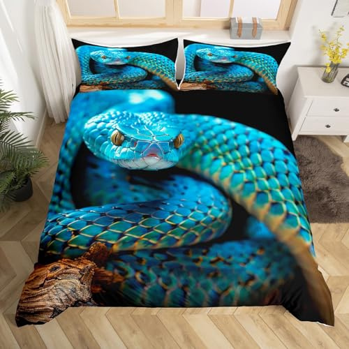 Castle Fairy Blue Snake Bedding Set Queen,3D Reptile Comforter Cover for Boys Girls,Kids Snake Skin Printed Duvet Cover Set Palm Leaf Bedspread Cover Fashion Teens Bedroom Decor 3 Pcs Bed Collection