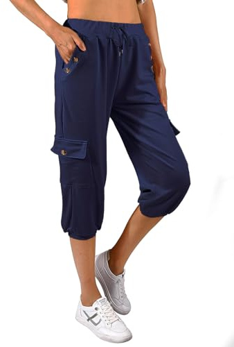TOMEEK capribyxor, dam, joggingbyxor, 3/4 sportbyxor, byxor, byxor, sommar, fritidsbyxor, sweatbyxor, shorts, enfärgade, säckig, dragsko, midja, yogabyxor, träningsbyxor med sidofickor, Marinblå, XL