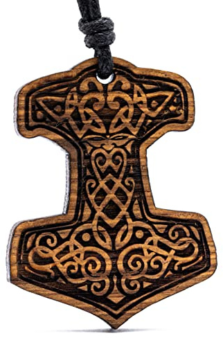treeforce Martillo de Thor, cadena de madera Mjölnir, collar, llavero o colgante de coche, 3 en 1, hecho a mano, sostenible y vegano de madera, Madera