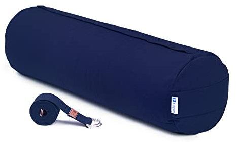Yogan Yoga Bolster with a Yoga Belt/Strap | Natural Buckwheat Hulls Filling | Outer Cover (Could be Removed and Washed) - Made of 100% Organic Cotton (Navy Blue)