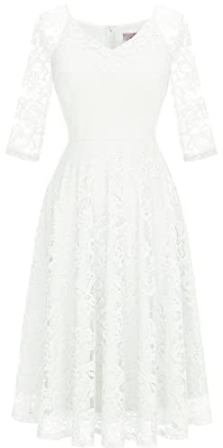 Dressystar Dam elegant spetsklänning V-ringning cocktailklänning bröllop midi aftonklänningar, Vit, L