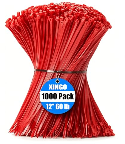 XINGO 1000 Stück Kabelbinder Rot, 300mm x 4.8mm, 22,7 kg Zugfestigkeit, UV-beständig, Selbstsichernde Kabelbinder für drinnen und drauße